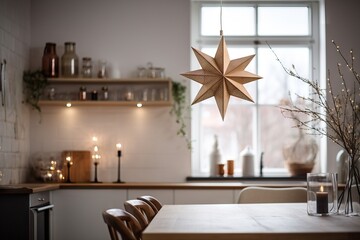 Golden Scandinavian paper star. Christmas cozy winter home decor. New year kitchen interior decorations. Home decor template. Advent time. Concept of preparation for the New Year holidays