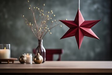 Red Scandinavian paper star. Christmas cozy winter home decor. New year kitchen interior decorations. Home decor template. Advent time. Concept of preparation for the New Year holidays