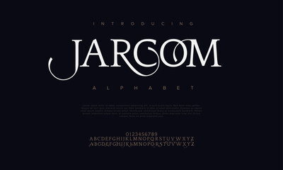 Jarcom premium luxury elegant alphabet letters and numbers. Elegant wedding typography classic serif font decorative vintage retro. Creative vector illustration - obrazy, fototapety, plakaty