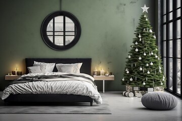 Cozy room with big comfy bed decorated with garlands and fir trees for Christmas. New year mood....