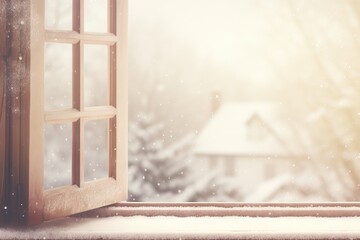 Window with blurred snowy city on background. Minimalistic backdrop in Scandinavian style. Vintage...