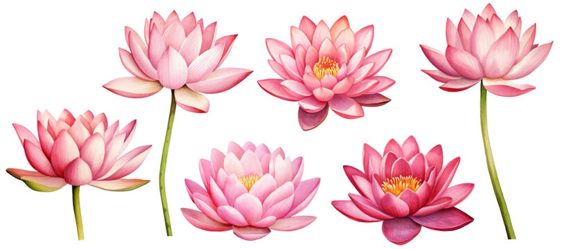 Set Pink lotus flower, watercolor vector illustration, hand drawing, flora wedding