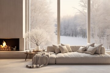 Light room with winter landscape in window. Scandinavian interior design. Modern living room with stunning view.  Rest in houses or cabins on nature concept