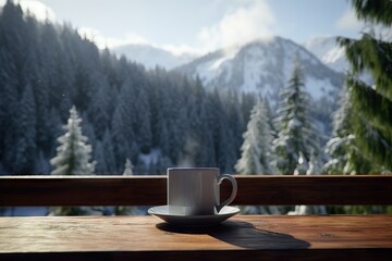 Hot winter drink in glass cup. Tea or coffee on blurred snowy background. Winter landscape with forest and mountains. Travel concept with copy space