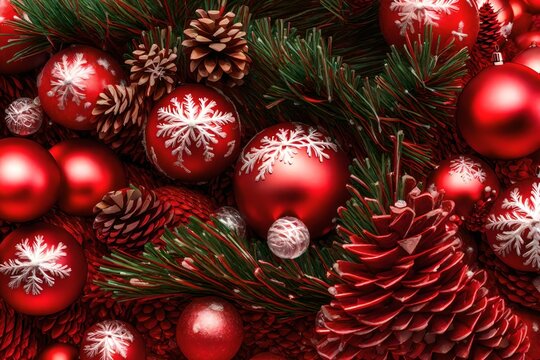 Microscopic image of Christmas tree red with icicles snowballs and pine cones and pine needles and ribbons 