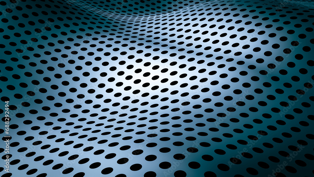 Poster abstract pattern background of curved mesh with shiny metal holes, 3d rendering