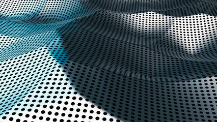 Abstract Pattern Background of Curved Mesh with shiny Metal Holes, 3d rendering