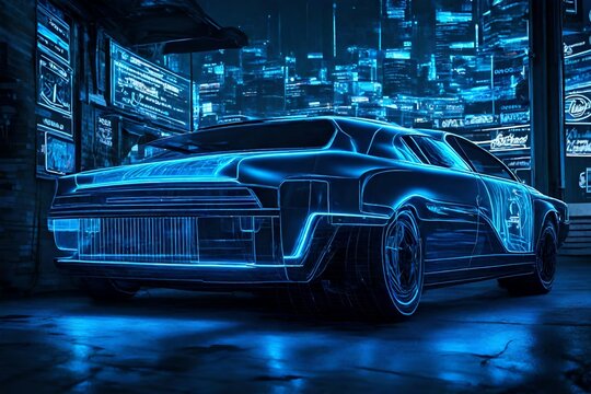 car hologram blue neon, no color -