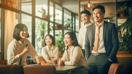 Group of Asian businesspeople meeting in the cafe background. Row of business persons partnership taking a photograph in the modern office. - obrazy, fototapety, plakaty