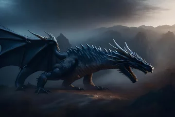 Foto op Plexiglas big realistic dragons dark dragons in a huge natural landscape, cinematic, mists, huge and scaly, octane rende © Malik