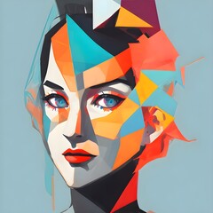 A Colorful Pop Art Collage of Female Silhouettes cubism. Abstract painting young woman face minimalism on square canvas. Trendy face portrait abstraction wall art vector illustration. 