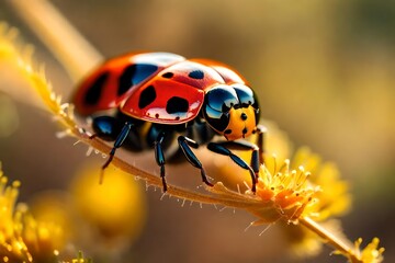 photorealistic macro ladybug on margrit in the evening sun 