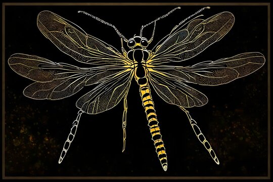 illuminated dragonfly, black background, thick border around image