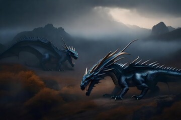 big realistic dragons dark dragons in a huge natural landscape, cinematic, mists, huge and scaly, octane rende