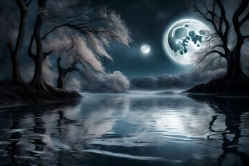 endless spiritual growth trough a river of infinite wisdom reflecting the silver splendour of the moon - obrazy, fototapety, plakaty
