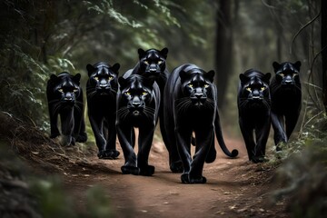 a group of intimidating black panthers stepping out of a dark forest - - obrazy, fototapety, plakaty