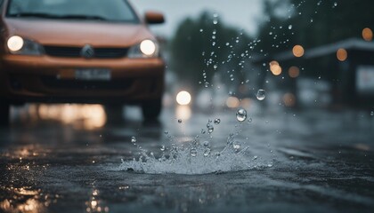 Car driving through heavy rain on a rainy day. Shallow DOF