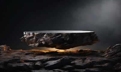 Stone podium with rock texture background and cinematic light