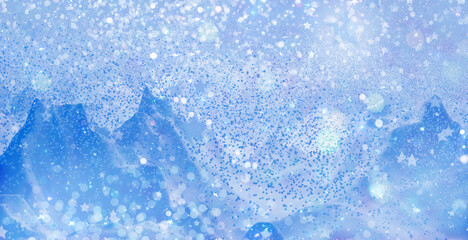 Christmas winter background with snowfall and falling snow in the mountains. Copy space for promotion. Abstract blurred snowflakes with lights. 3D render illustration.