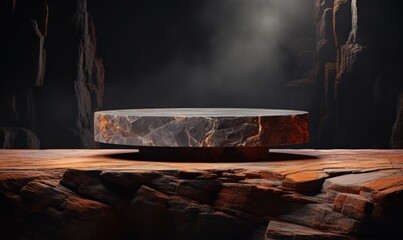Stone podium with rock texture background and cinematic light