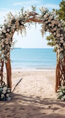 Beach wedding with a beautiful altar and flowers. Sea on background