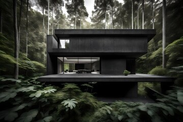 brutalist minimalist black concrete villa surrounded by forest with green plants on the rooftop with a cube style building 1 floor- - obrazy, fototapety, plakaty