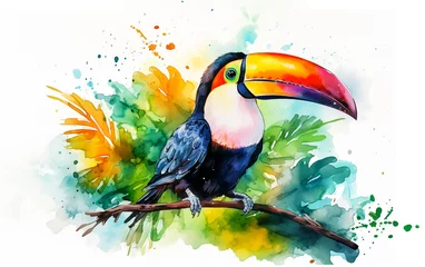  Colorful toucan bird with tropical flowers painted in watercolor style with splash of paint isolated on white background. Tropical travel vacation cute cartoon , exotic jungle graphic resource by Vita © Vita