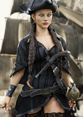 Fototapeta premium Portrait of a brunette braided female pirate dressed in black and armed with a flintlock pistol ready for battle. 3d rendering