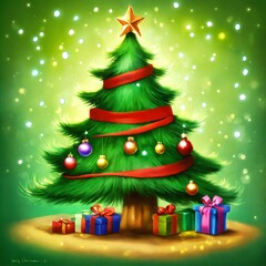 Naklejka premium christmas tree with gifts air brush art of a digital illustration of a cute Christmas tree whimsical