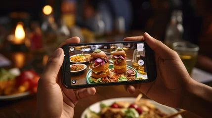 Deurstickers restaurant owner takes a picture of the food on the table with a smartphone to post on a website. Online food delivery, ordering service, influencer, review, social media, share, marketing, interest. © pinkrabbit