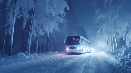 The tour bus in the winter snowstorm drives in the forest