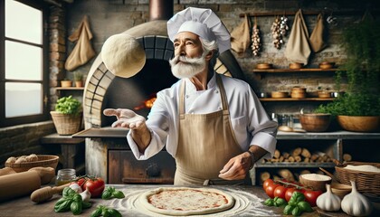 Chef tossing pizza dough in a brick oven kitchen - obrazy, fototapety, plakaty