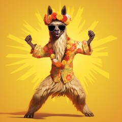 A cheerful llama adorned in a Hawaiian grass skirt, floral lei, and sunglasses, doing a hula dance, against a solid yellow background.