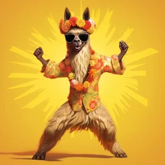  A cheerful llama adorned in a Hawaiian grass skirt, floral lei, and sunglasses, doing a hula dance, against a solid yellow background. © UMR