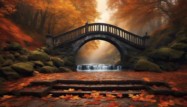 wedding backdrop, maternity backdrop, photography background, autumn, stone bridge, arch, staircase, stairs, step, leaves, pathway, stairway, wedding props, forest, park, autumn trees,