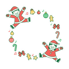 サンタクロースの衣装を着た子どもとクリスマス飾りのイラストフレーム