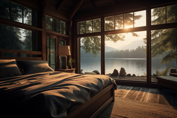 American lake cabin elegant bedroom scene - obrazy, fototapety, plakaty