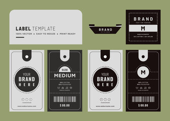 Hangtag label design hang tag and price tag apparel care label with barcode garments accessories packaging fabric fashion product. - obrazy, fototapety, plakaty