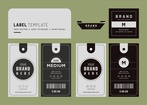 Hangtag label design hang tag and price tag apparel care label with barcode garments accessories packaging fabric fashion product.