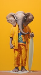 A jolly elephant in beach attire, holding a surfboard against a solid yellow wall.