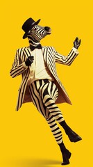 A joyful zebra wearing a bowler hat, dancing with joy on a solid yellow surface.