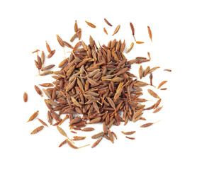 Heap of aromatic caraway (Persian cumin) seeds isolated on white, top view
