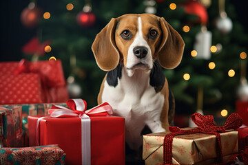 a dog sitting next to a christmas tree with presents