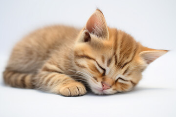 a small kitten sleeping on a white surface