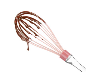 Chocolate cream dripping from whisk on white background, space for text
