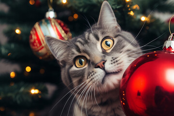 Close up of cute cat with Christmas tree bauble. 
