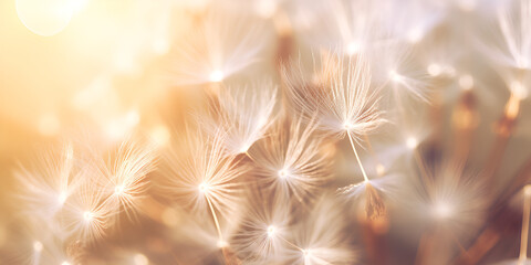 Abstract blurred nature background dandelion seeds parachute, A golden background with a dandelion blowing in the wind, dandelions with a golden background, generative AI

