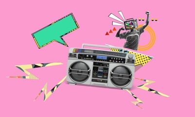 Creative collage of retro boombox radio drawing background