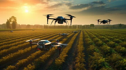 A smart agriculture setup, with drones and autonomous tractors working together to optimize crop yield on a vast, tech-driven farm. - obrazy, fototapety, plakaty