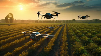 Schilderijen op glas A smart agriculture setup, with drones and autonomous tractors working together to optimize crop yield on a vast, tech-driven farm. © UMR